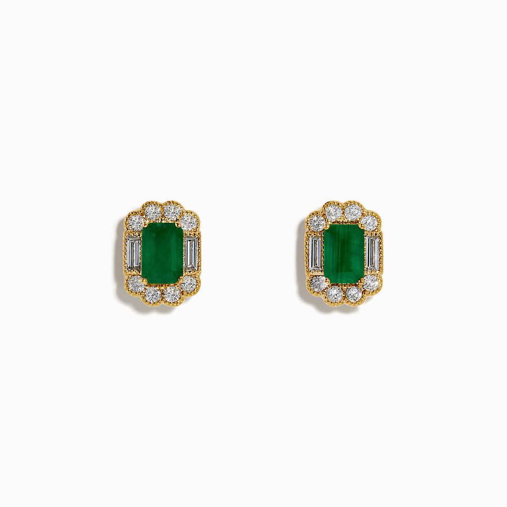 The 14K Yellow Gold Emerald and Diamond Halo Stud Earrings showcase rectangular green gemstones encircled by round and baguette-cut diamonds, displayed on a plain white background.