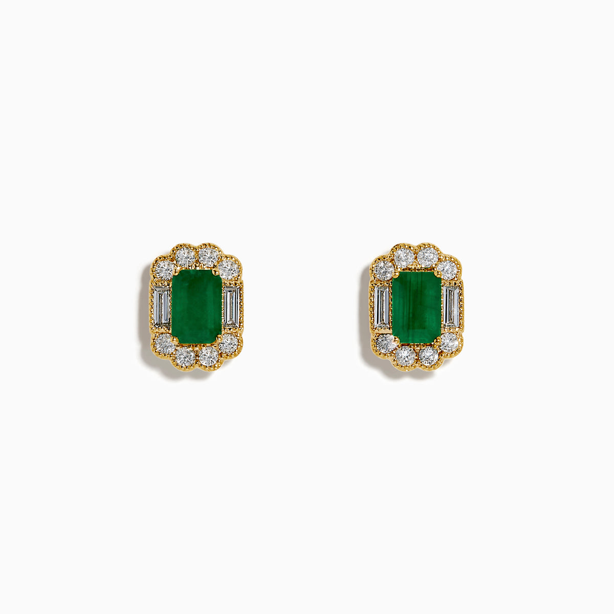 The 14K Yellow Gold Emerald and Diamond Halo Stud Earrings showcase rectangular green gemstones encircled by round and baguette-cut diamonds, displayed on a plain white background.
