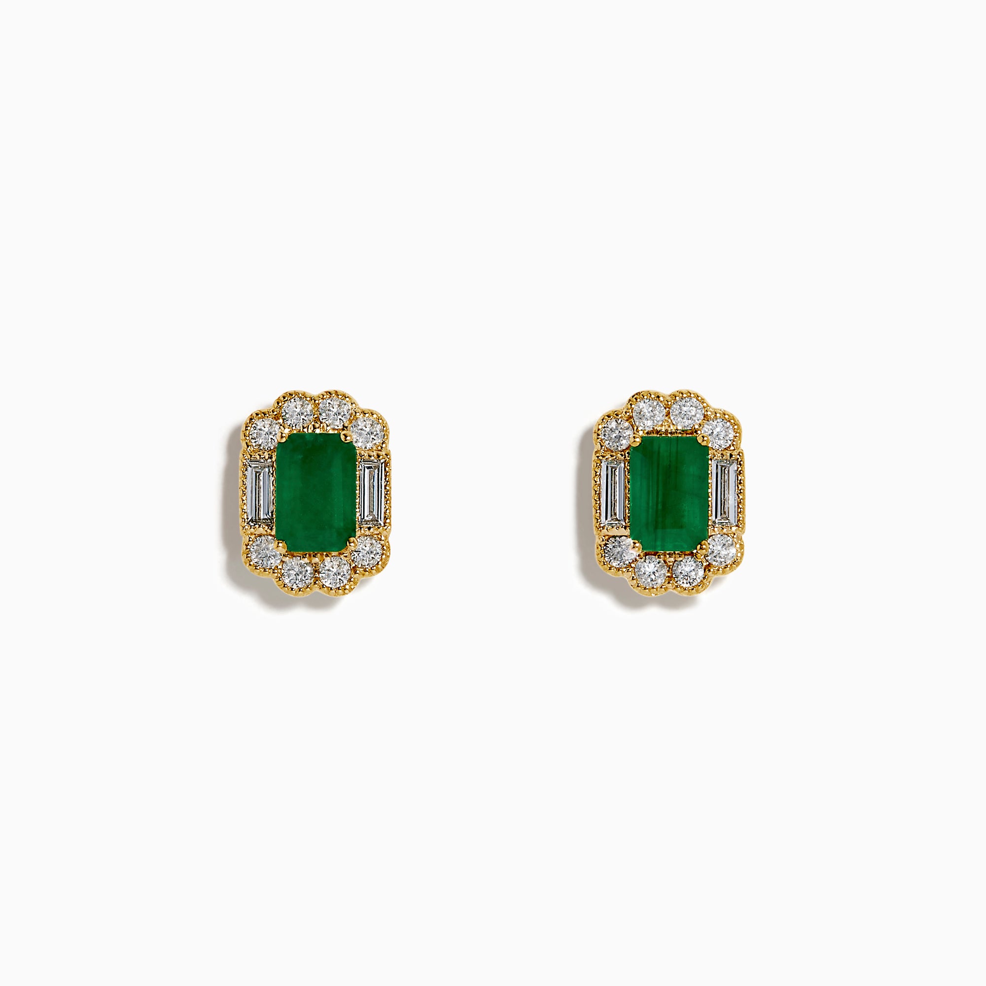The 14K Yellow Gold Emerald and Diamond Halo Stud Earrings showcase rectangular green gemstones encircled by round and baguette-cut diamonds, displayed on a plain white background.