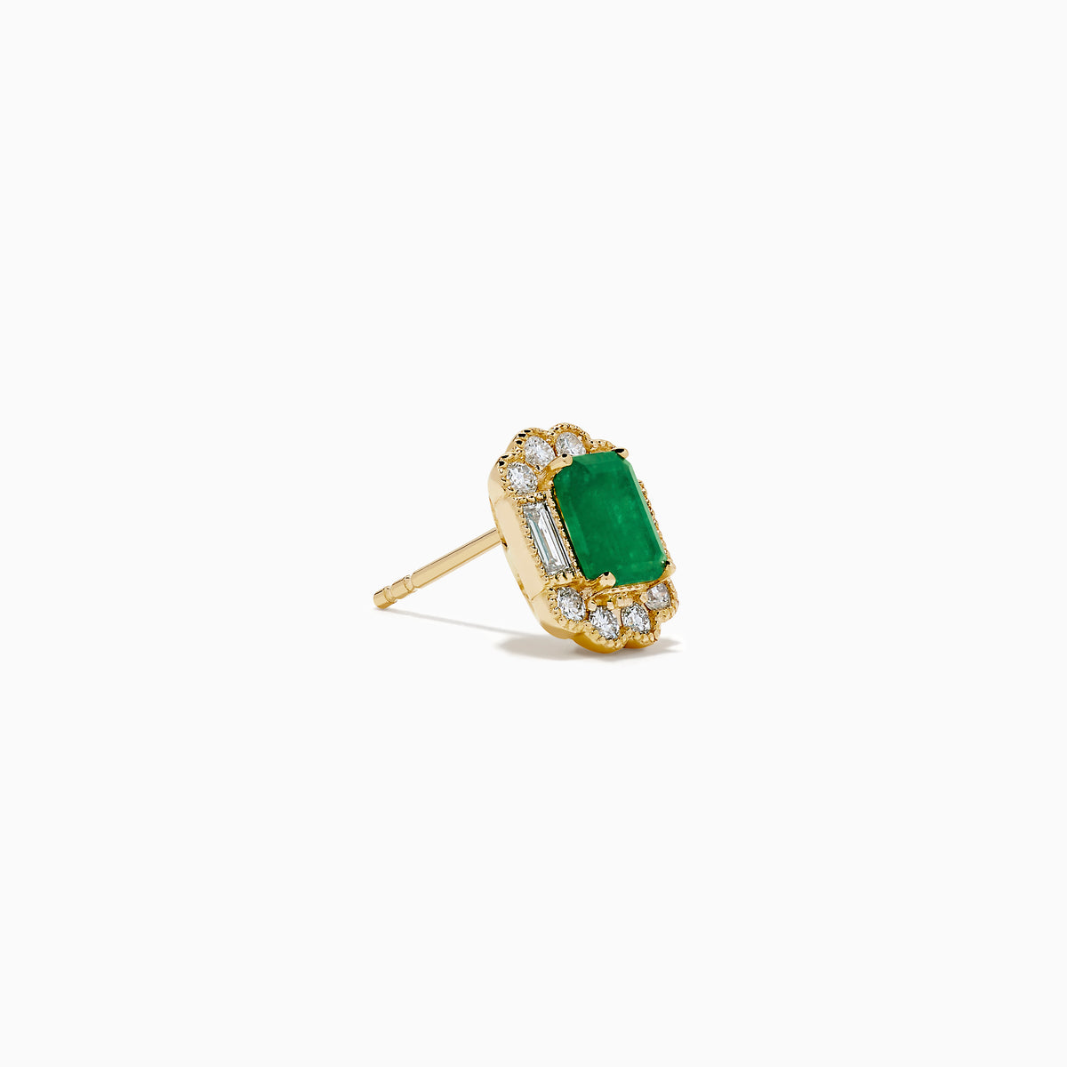 The 14K Yellow Gold Emerald and Diamond Halo Stud Earrings showcase rectangular green gemstones encircled by round and baguette-cut diamonds, displayed on a plain white background.