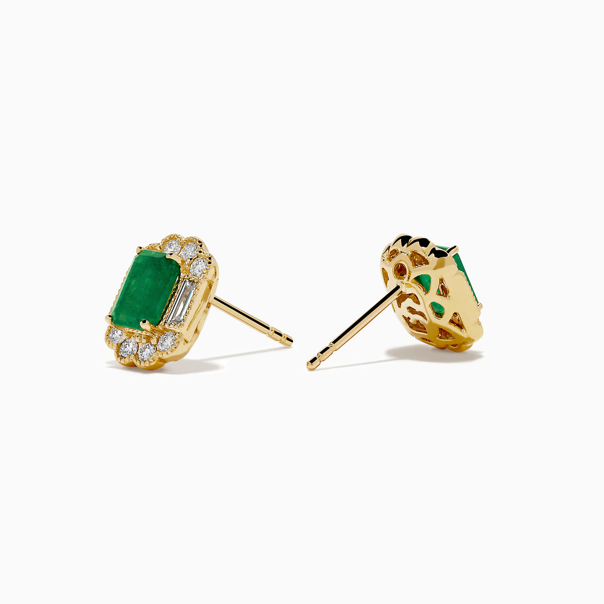 The 14K Yellow Gold Emerald and Diamond Halo Stud Earrings showcase rectangular green gemstones encircled by round and baguette-cut diamonds, displayed on a plain white background.