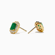 The 14K Yellow Gold Emerald and Diamond Halo Stud Earrings showcase rectangular green gemstones encircled by round and baguette-cut diamonds, displayed on a plain white background.