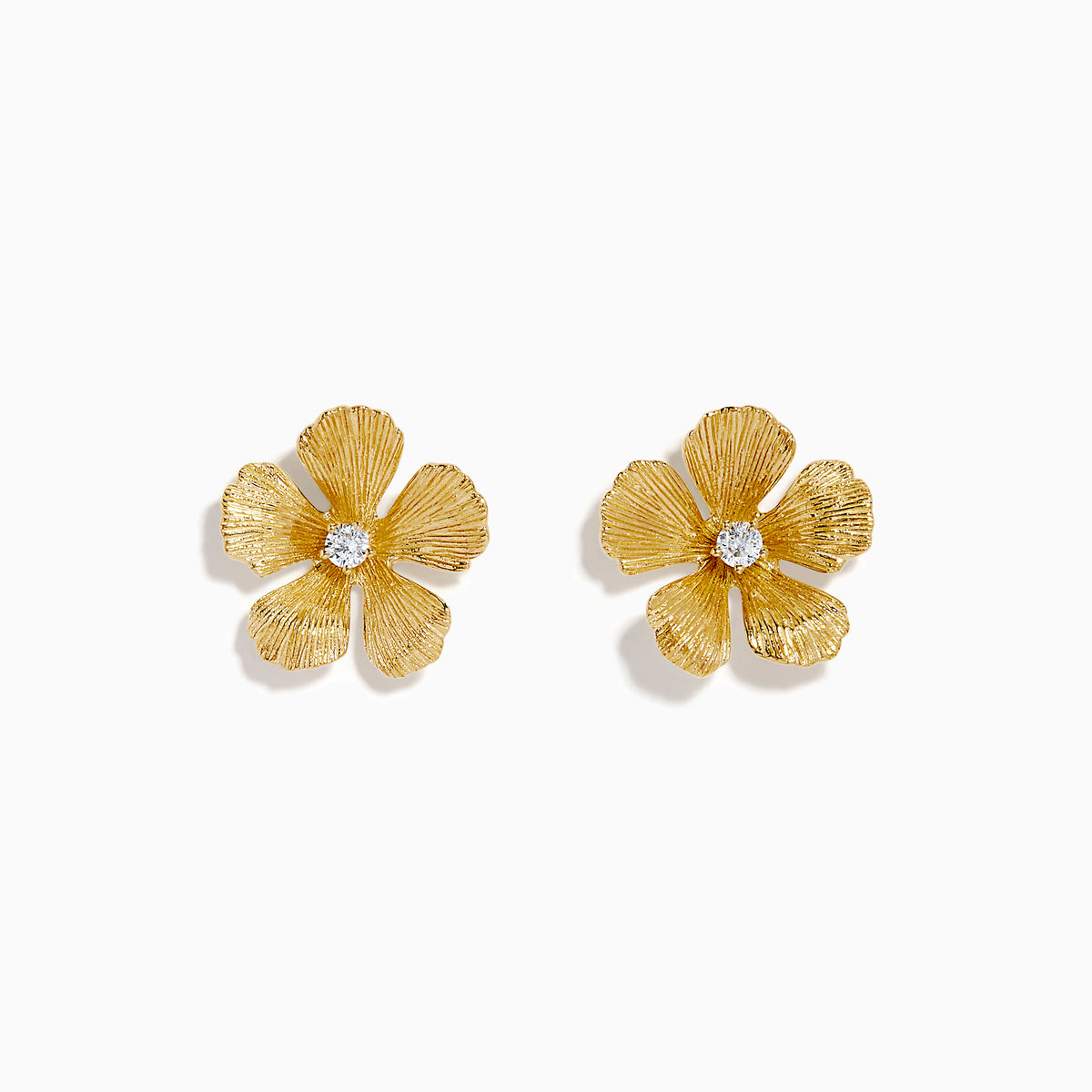 The 14K Yellow Gold Diamond Textured Petal Flower Stud Earrings feature textured petal designs with a cluster of diamonds at the center, shown on a plain white background.