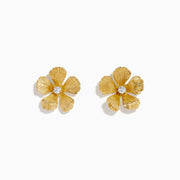 The 14K Yellow Gold Diamond Textured Petal Flower Stud Earrings feature textured petal designs with a cluster of diamonds at the center, shown on a plain white background.
