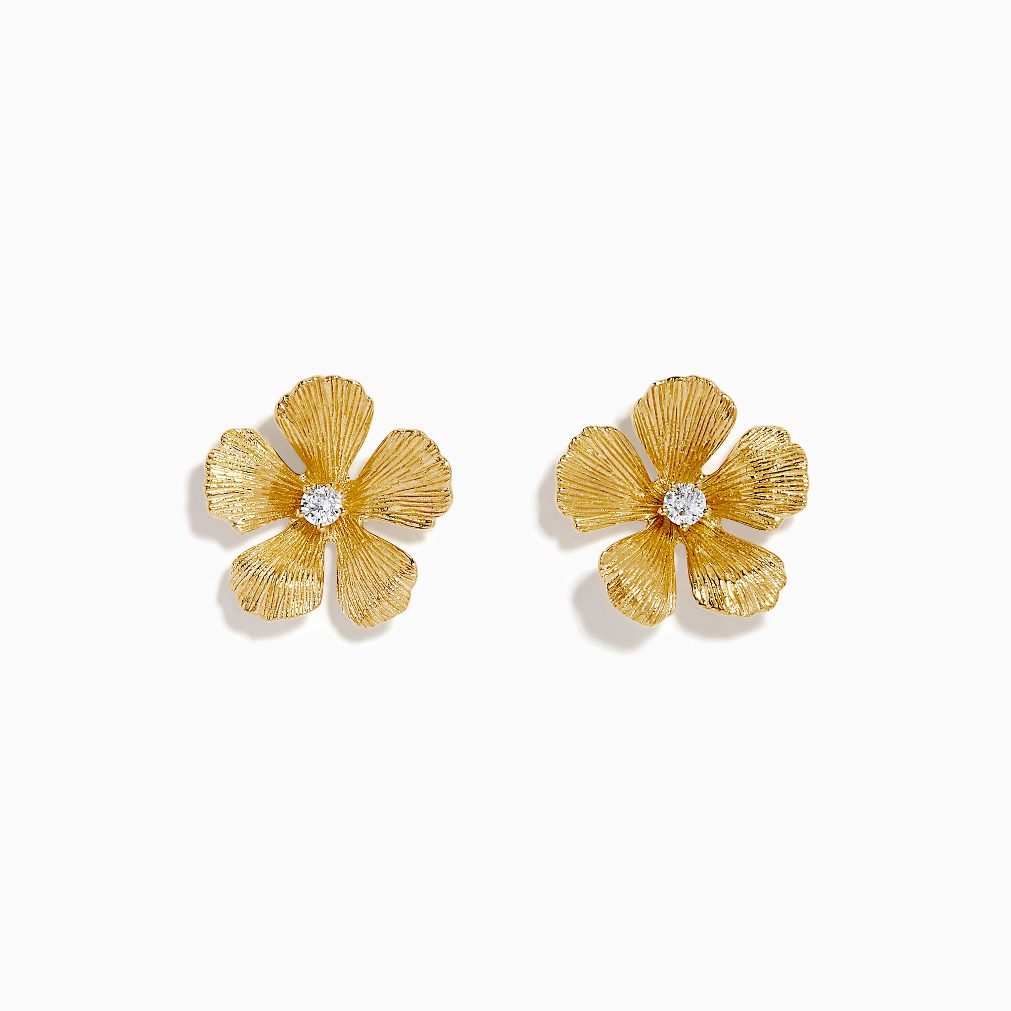 The 14K Yellow Gold Diamond Textured Petal Flower Stud Earrings feature textured petal designs with a cluster of diamonds at the center, shown on a plain white background.