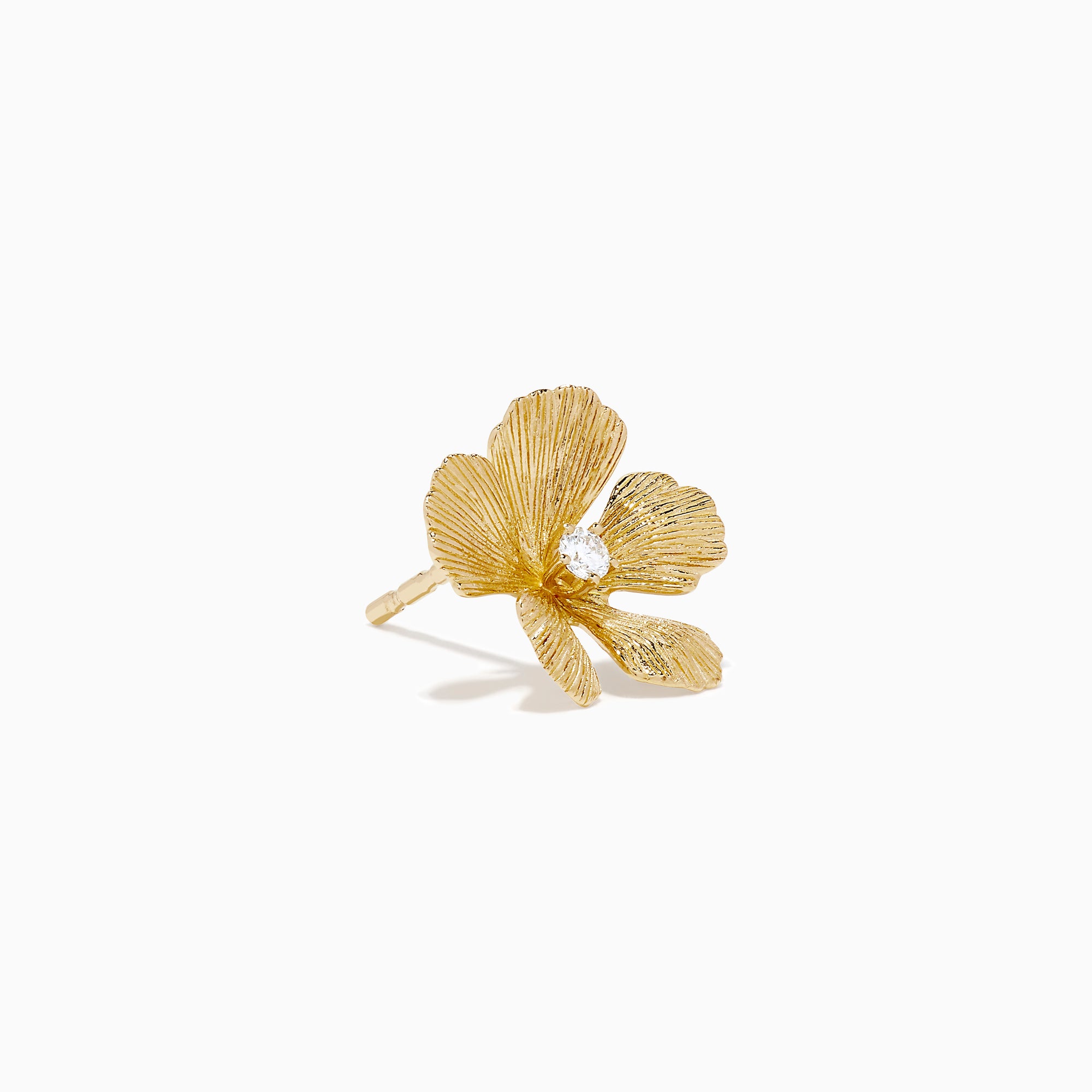 The 14K Yellow Gold Diamond Textured Petal Flower Stud Earrings feature textured petal designs with a cluster of diamonds at the center, shown on a plain white background.
