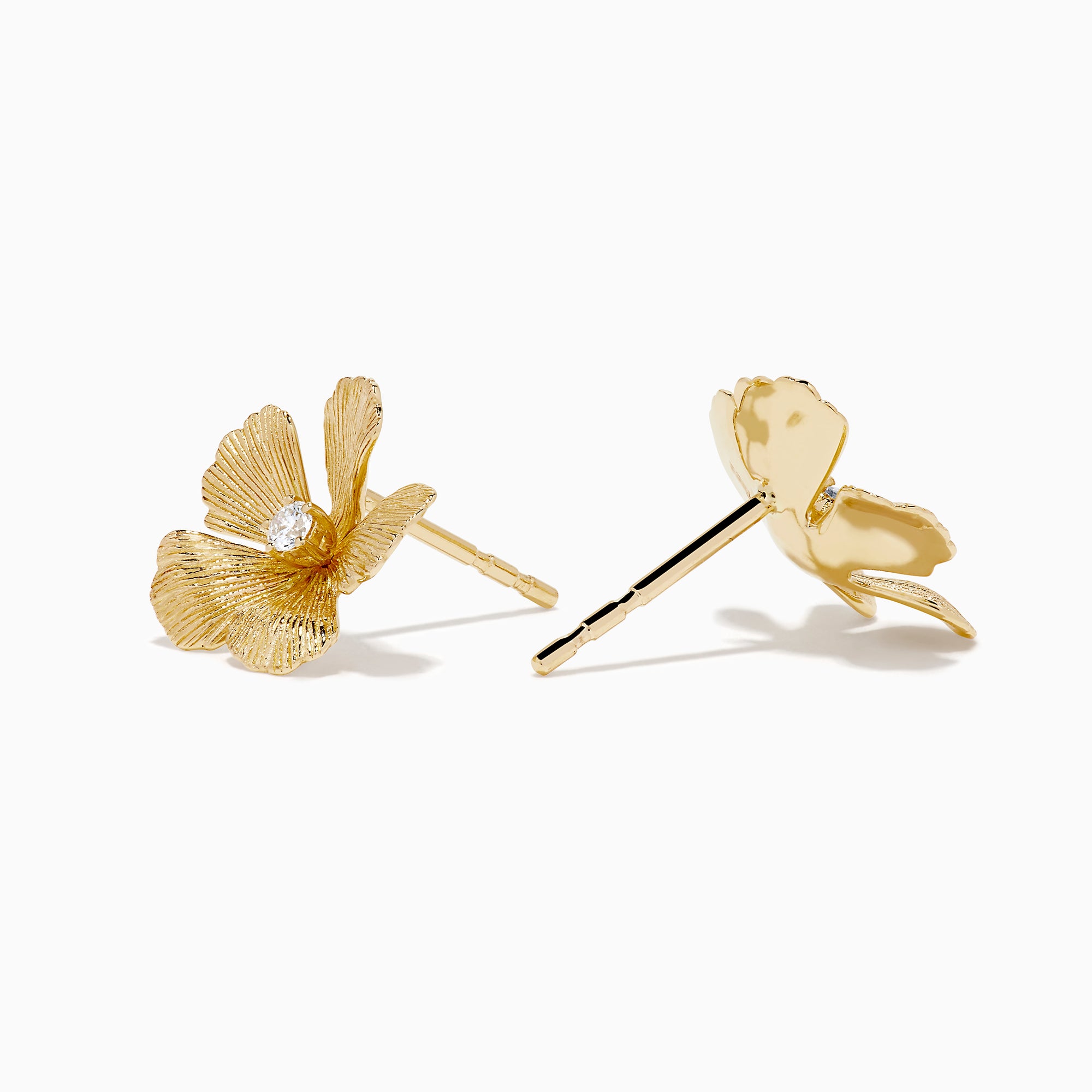 The 14K Yellow Gold Diamond Textured Petal Flower Stud Earrings feature textured petal designs with a cluster of diamonds at the center, shown on a plain white background.