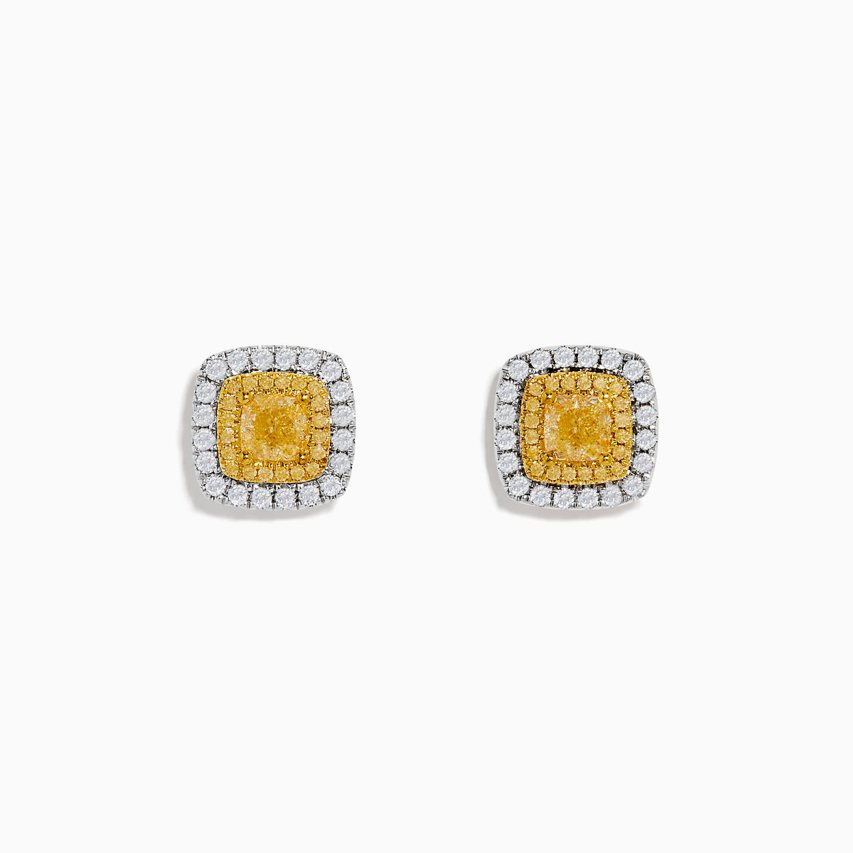 The Canare 18K Two Tone Gold White and Yellow Diamond Earrings feature a square shape with a yellow diamond center, bordered by white diamonds, shining elegantly against a plain white background.