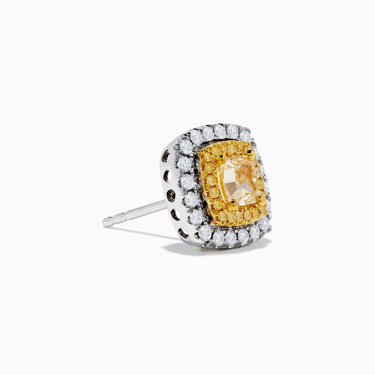 The Canare 18K Two Tone Gold White and Yellow Diamond Earrings feature a square shape with a yellow diamond center, bordered by white diamonds, shining elegantly against a plain white background.