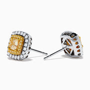 The Canare 18K Two Tone Gold White and Yellow Diamond Earrings feature a square shape with a yellow diamond center, bordered by white diamonds, shining elegantly against a plain white background.