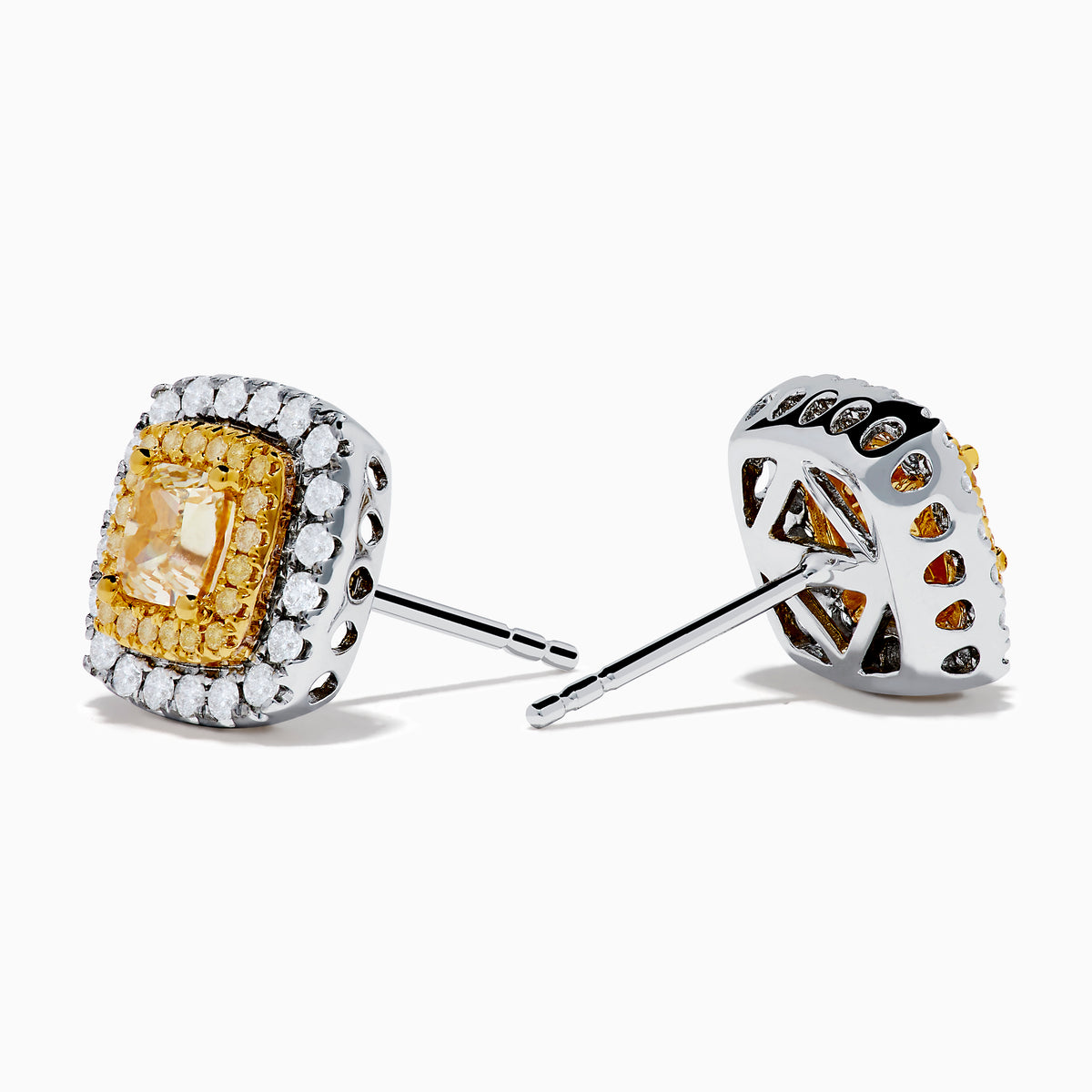 The Canare 18K Two Tone Gold White and Yellow Diamond Earrings feature a square shape with a yellow diamond center, bordered by white diamonds, shining elegantly against a plain white background.