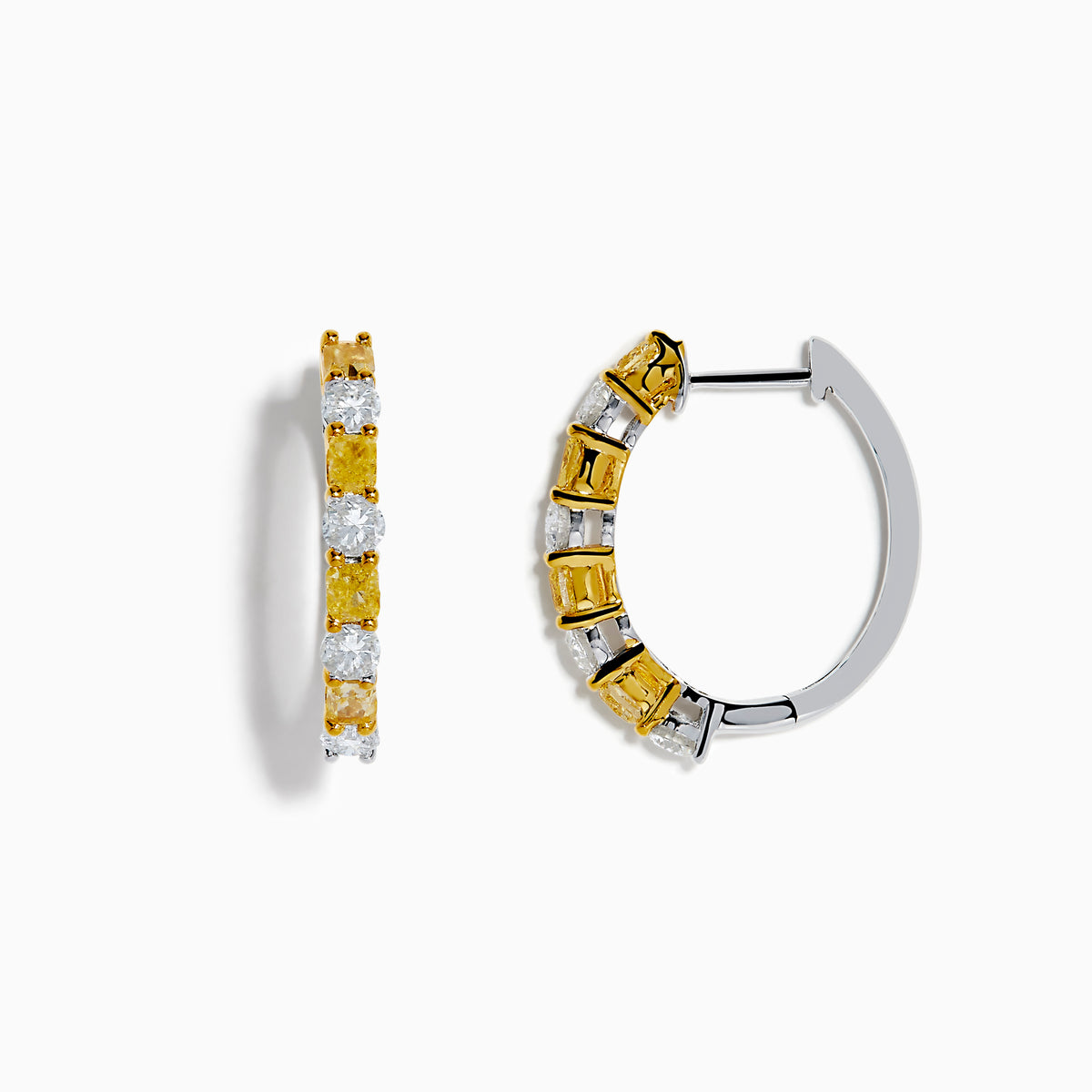 Canare 18K Two Tone White and Yellow Diamond Hoop Earrings, featuring alternating round yellow and white diamonds, are displayed against a white background.