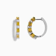 Canare 18K Two Tone White and Yellow Diamond Hoop Earrings, featuring alternating round yellow and white diamonds, are displayed against a white background.