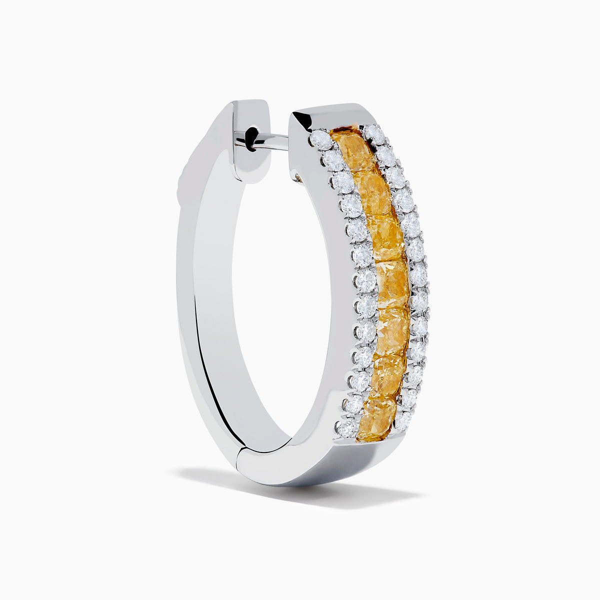 Canare 18K Two Tone Gold Hoop Earrings feature a central row of yellow diamonds flanked by white diamonds, set in elegant two-tone gold, shown against a white background.