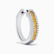 Canare 18K Two Tone Gold Hoop Earrings feature a central row of yellow diamonds flanked by white diamonds, set in elegant two-tone gold, shown against a white background.