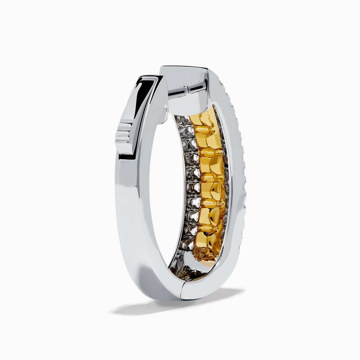 Canare 18K Two Tone Gold Hoop Earrings feature a central row of yellow diamonds flanked by white diamonds, set in elegant two-tone gold, shown against a white background.