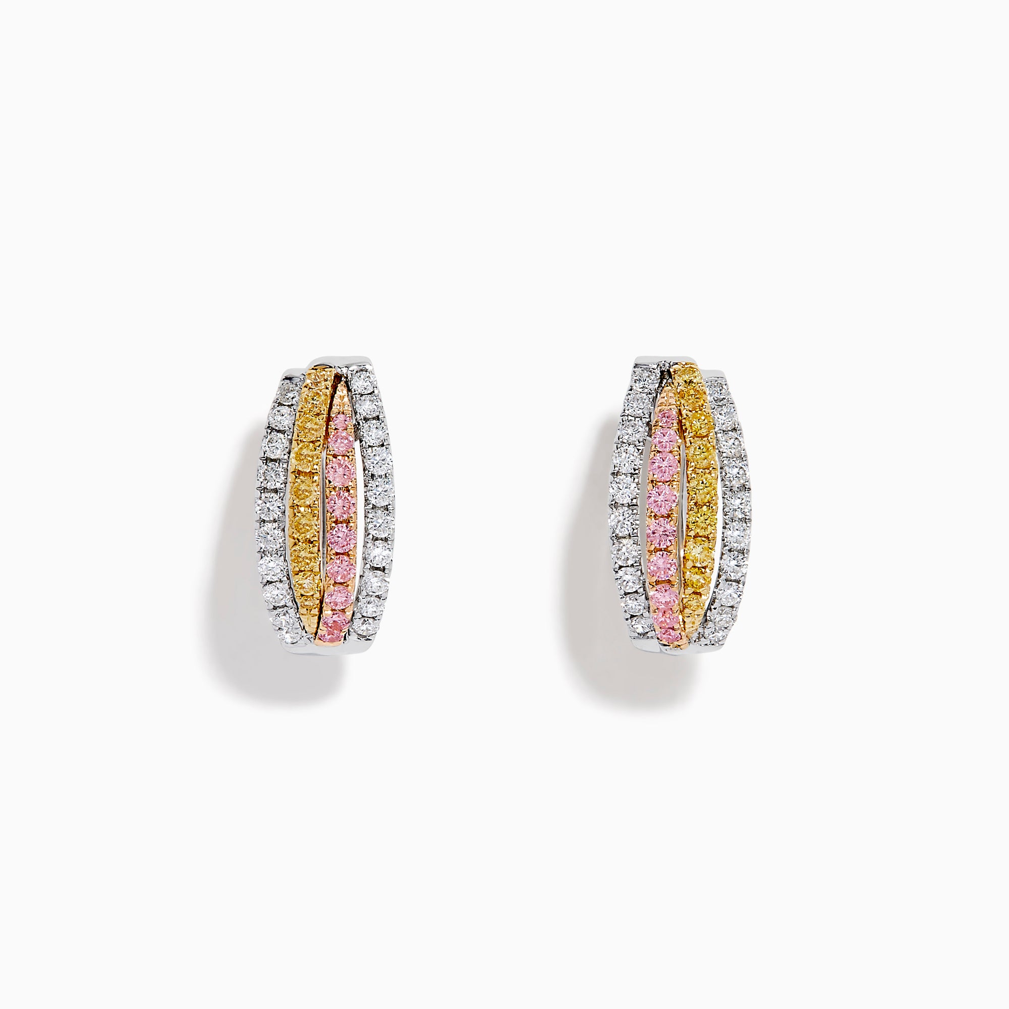 The 18K 3-Tone Gold White, Yellow and Pink Diamond Huggie Earrings feature three rows of diamonds set in white, yellow, and pink gold, showcased in a curved, oval-shaped design against a white background.