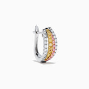 The 18K 3-Tone Gold White, Yellow and Pink Diamond Huggie Earrings feature three rows of diamonds set in white, yellow, and pink gold, showcased in a curved, oval-shaped design against a white background.