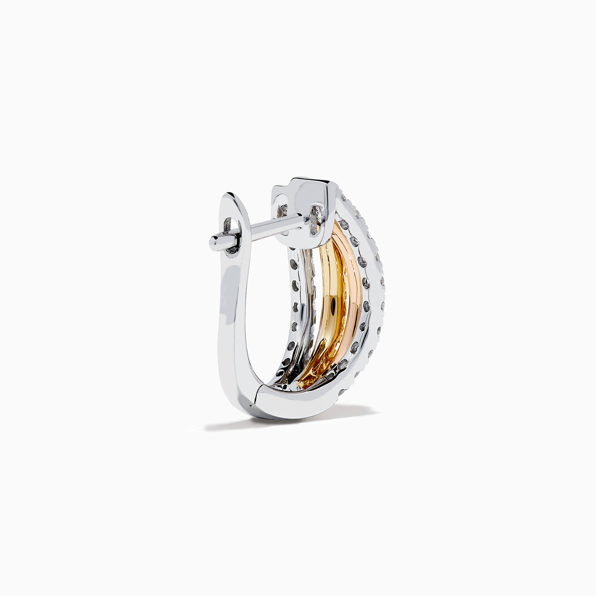 The 18K 3-Tone Gold White, Yellow and Pink Diamond Huggie Earrings feature three rows of diamonds set in white, yellow, and pink gold, showcased in a curved, oval-shaped design against a white background.