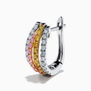 The 18K 3-Tone Gold White, Yellow and Pink Diamond Huggie Earrings feature three rows of diamonds set in white, yellow, and pink gold, showcased in a curved, oval-shaped design against a white background.