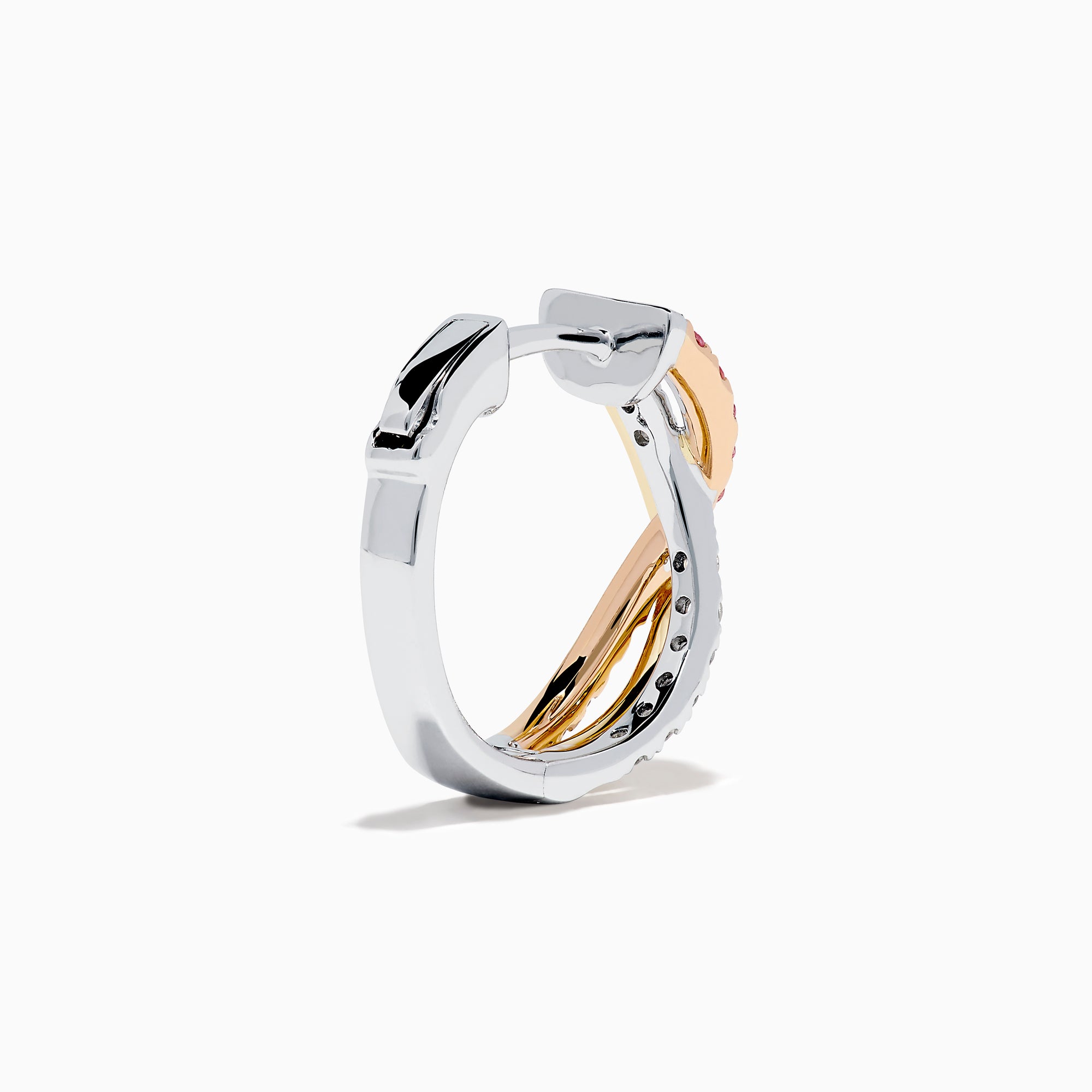 The 18K 3-Tone Gold White, Pink, and Yellow Diamond Huggie Earrings feature intertwined bands of diamonds in a crossover design, set against a white background.