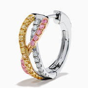 The 18K 3-Tone Gold White, Pink, and Yellow Diamond Huggie Earrings feature intertwined bands of diamonds in a crossover design, set against a white background.