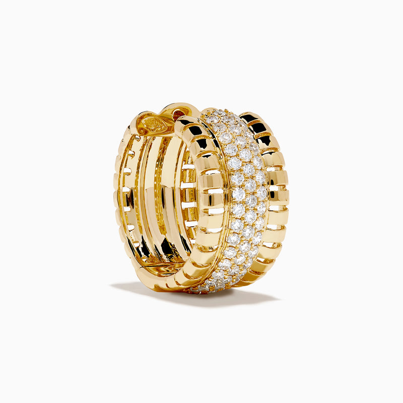 The D'Oro 14K Yellow Gold Pave Diamond Chunky Huggie Earrings feature three rows of sparkling white diamonds set in the center and bordered by polished gold segments.