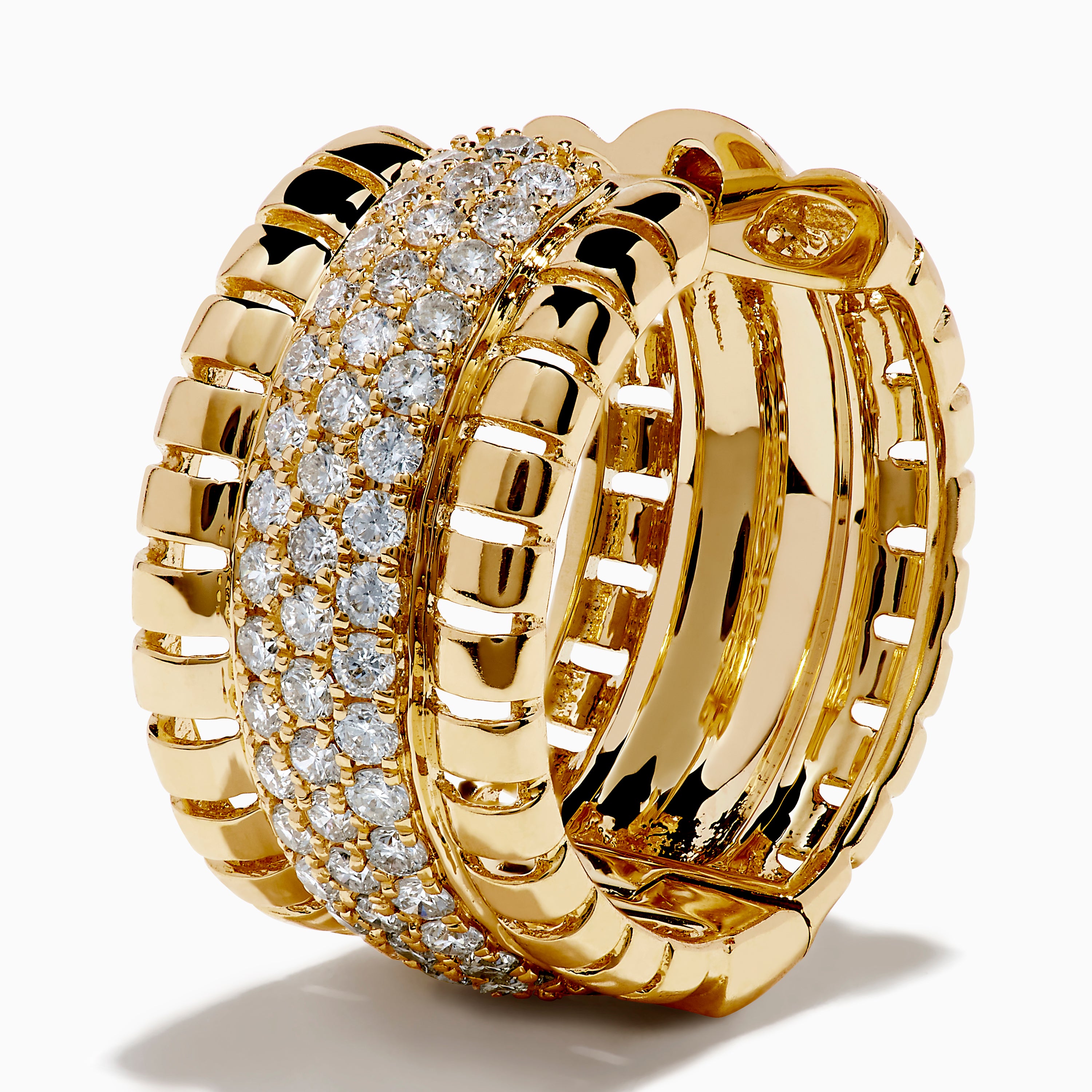 The D'Oro 14K Yellow Gold Pave Diamond Chunky Huggie Earrings feature three rows of sparkling white diamonds set in the center and bordered by polished gold segments.
