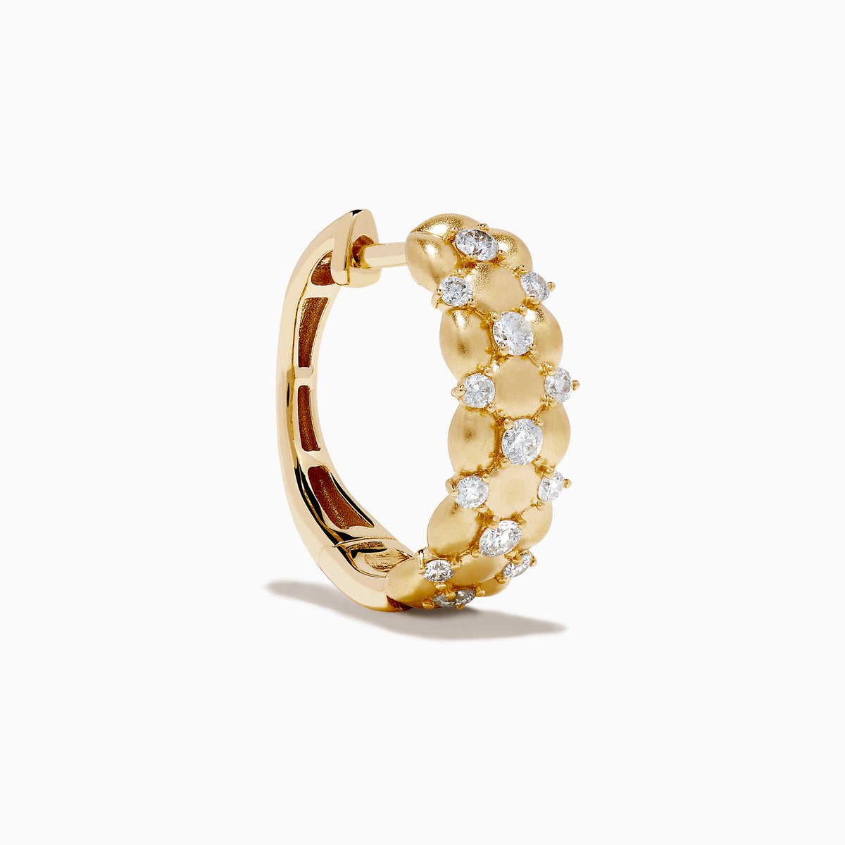 D'Oro 14K Yellow Gold Diamond Huggie Earrings feature a beaded design with clustered round white gemstones along the hoops, shown on a plain white background.