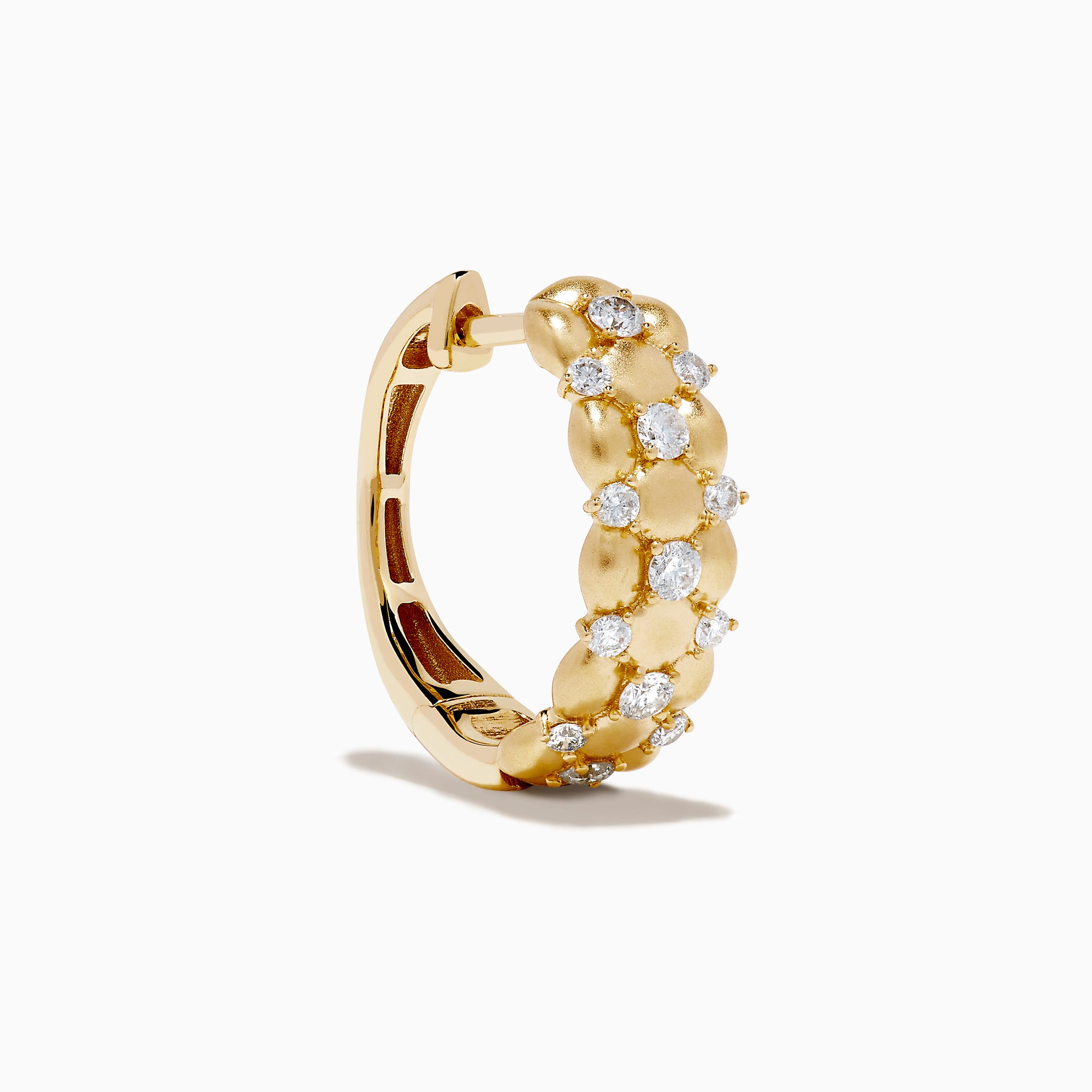 D'Oro 14K Yellow Gold Diamond Huggie Earrings feature a beaded design with clustered round white gemstones along the hoops, shown on a plain white background.