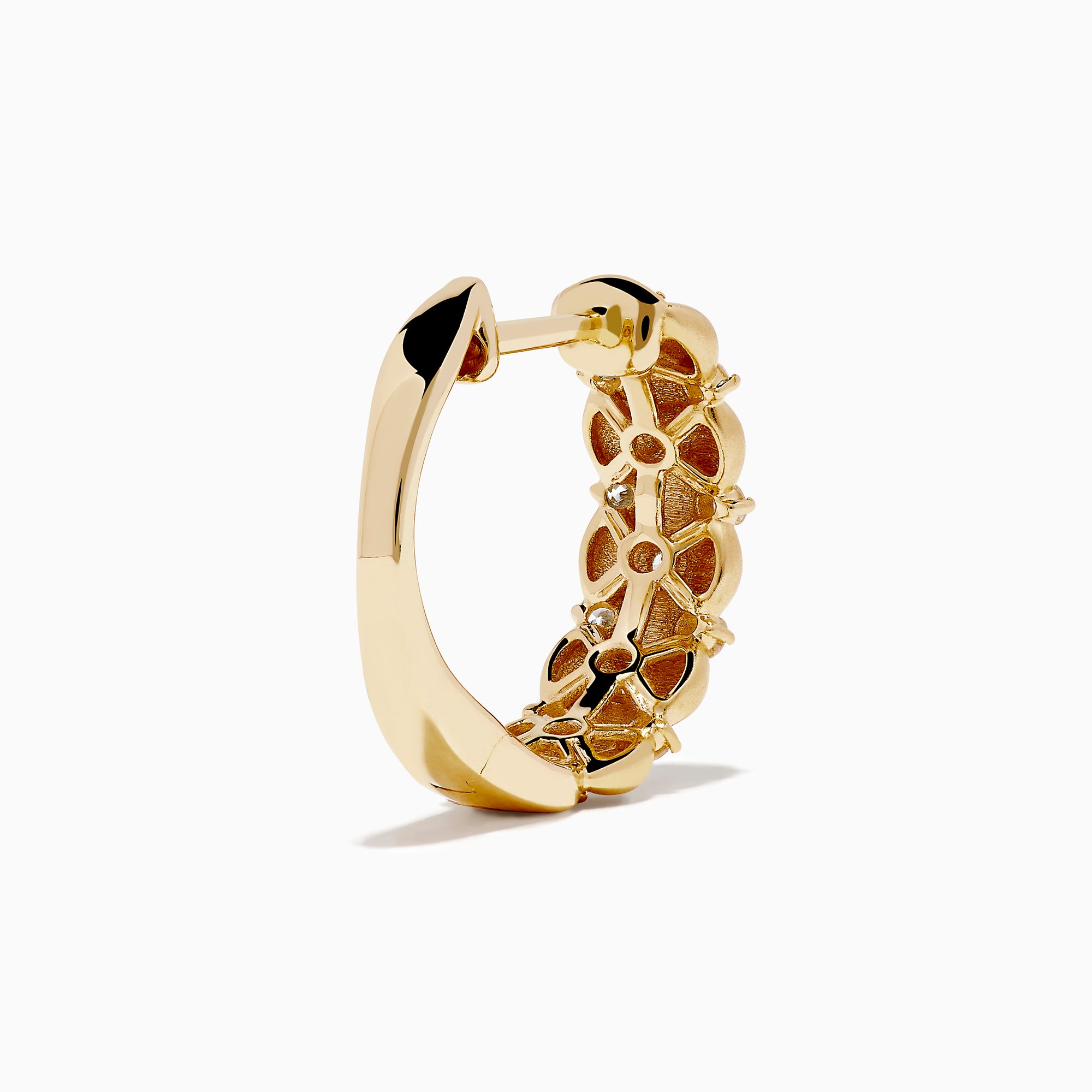D'Oro 14K Yellow Gold Diamond Huggie Earrings feature a beaded design with clustered round white gemstones along the hoops, shown on a plain white background.