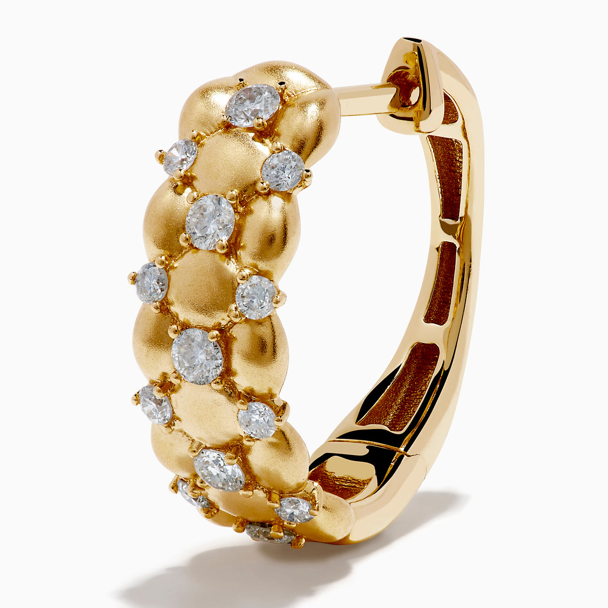 D'Oro 14K Yellow Gold Diamond Huggie Earrings feature a beaded design with clustered round white gemstones along the hoops, shown on a plain white background.