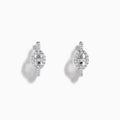 14K White Gold Diamond Link Mini Hoop Earrings featuring baguette and round-cut diamonds in an oval design, displayed against a plain white background.