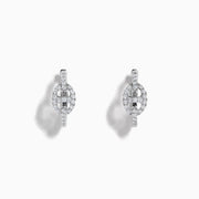 14K White Gold Diamond Link Mini Hoop Earrings featuring baguette and round-cut diamonds in an oval design, displayed against a plain white background.