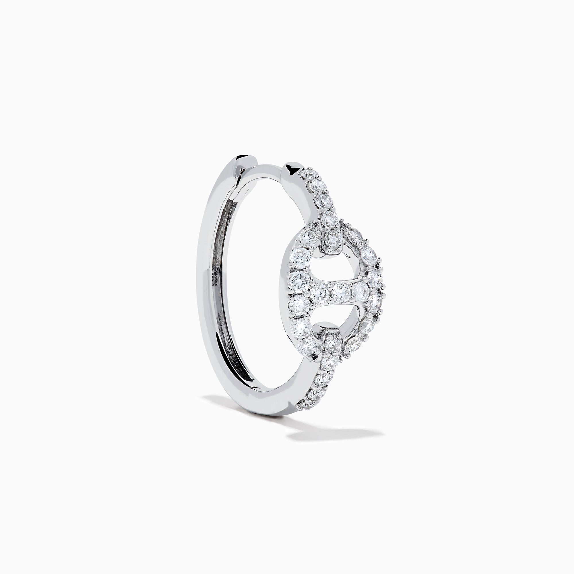 14K White Gold Diamond Link Mini Hoop Earrings featuring baguette and round-cut diamonds in an oval design, displayed against a plain white background.