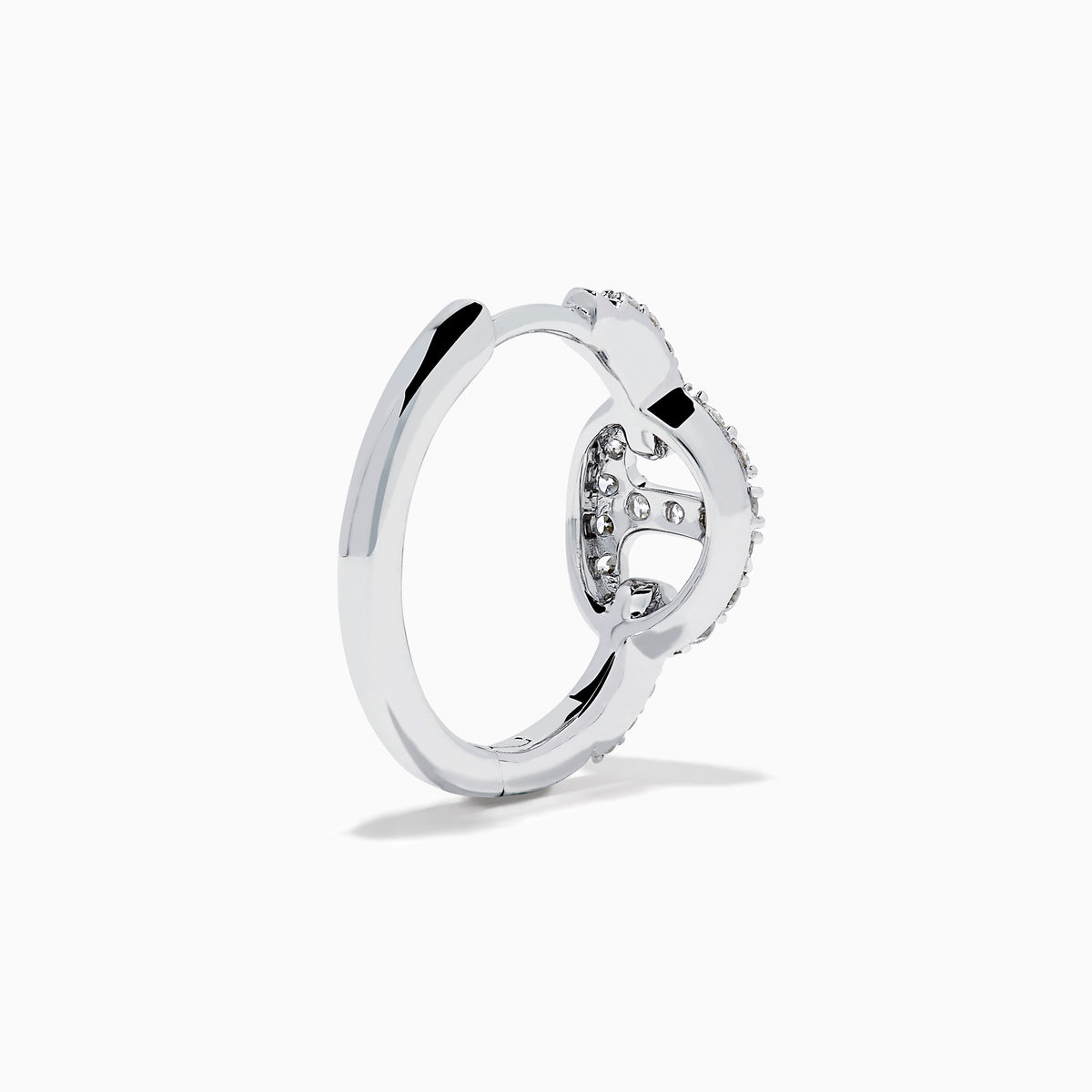 14K White Gold Diamond Link Mini Hoop Earrings featuring baguette and round-cut diamonds in an oval design, displayed against a plain white background.