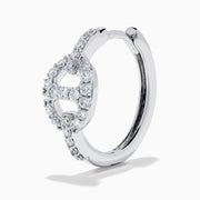 14K White Gold Diamond Link Mini Hoop Earrings featuring baguette and round-cut diamonds in an oval design, displayed against a plain white background.