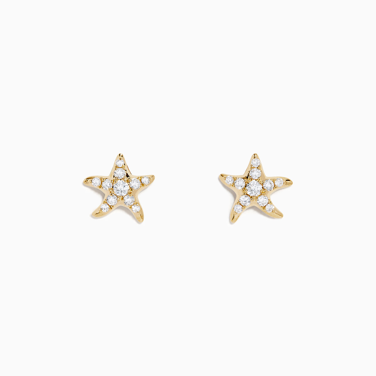The 14K Yellow Gold Diamond Starfish Stud Earrings feature sparkling diamonds in a starfish design, shown on a white background.