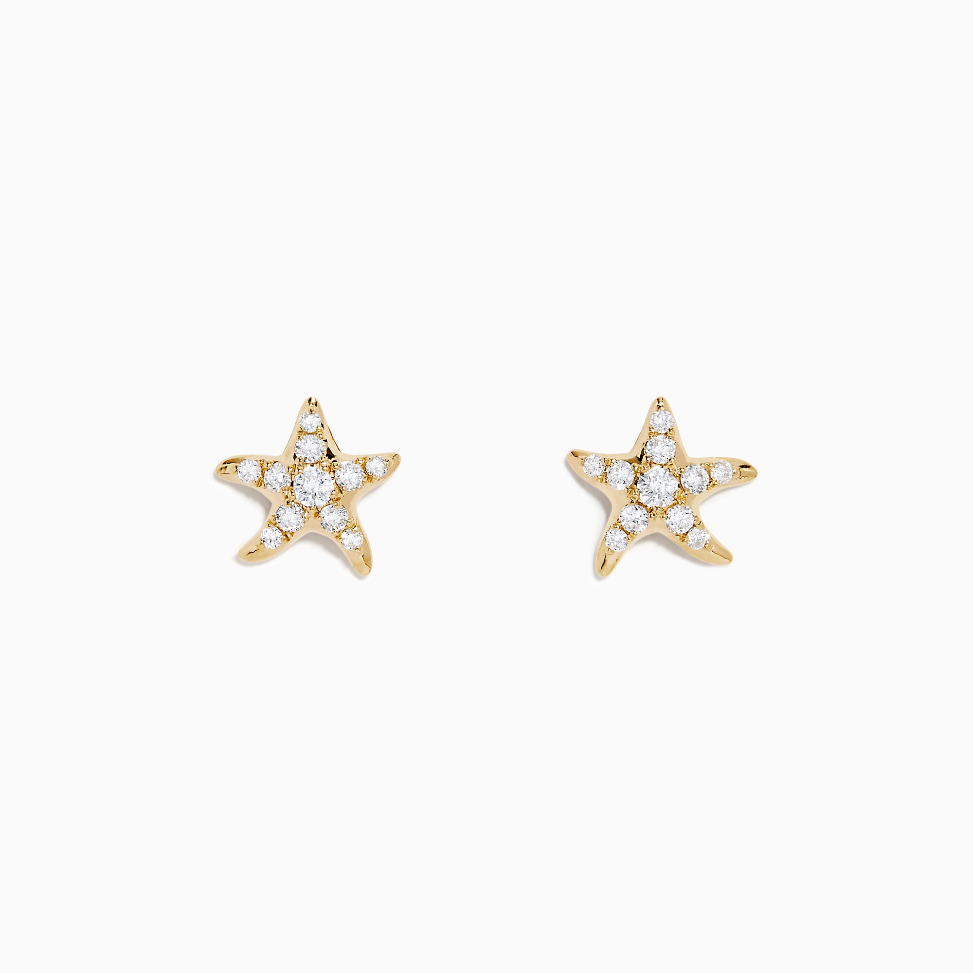 The 14K Yellow Gold Diamond Starfish Stud Earrings feature sparkling diamonds in a starfish design, shown on a white background.