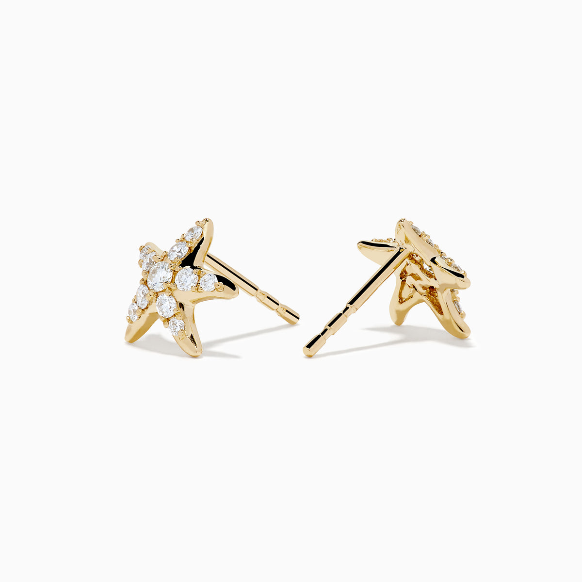 The 14K Yellow Gold Diamond Starfish Stud Earrings feature sparkling diamonds in a starfish design, shown on a white background.