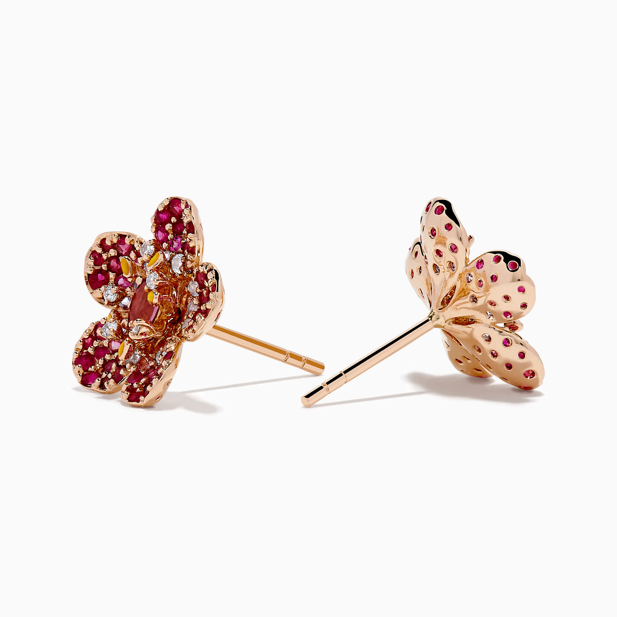 The Nature 14K Rose Gold Pink Sapphire and Diamond Flower Stud Earrings feature blooming flower designs with pink sapphires and sparkling diamonds set in rose gold.