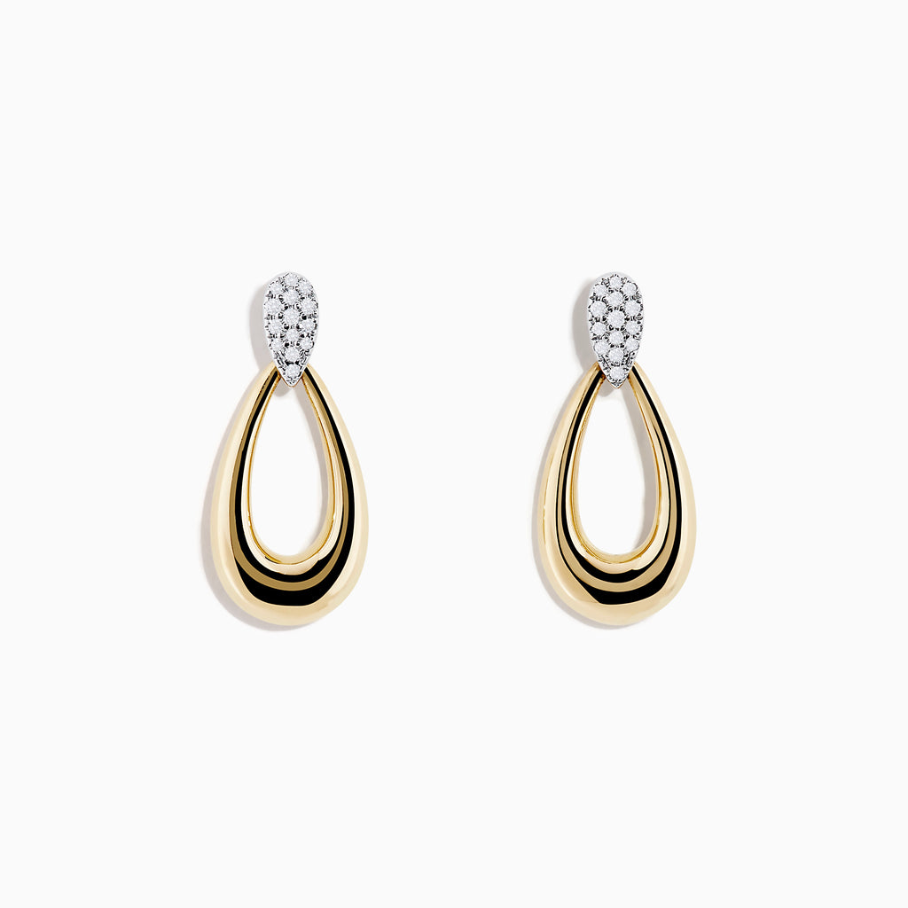 The 14K Two-Tone Gold and Diamond Dewdrop Earrings feature an elegant teardrop design with diamond-studded tops, beautifully showcased against a plain white background.
