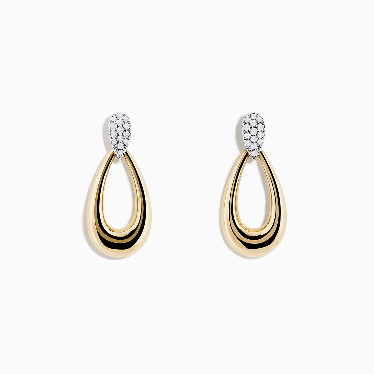 The 14K Two-Tone Gold and Diamond Dewdrop Earrings feature an elegant teardrop design with diamond-studded tops, beautifully showcased against a plain white background.