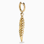 The 14K Yellow Gold Diamond Feather Dangle Earrings feature a leaf-inspired design with sparkling diamonds along the center, shown against a plain white background.