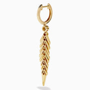 The 14K Yellow Gold Diamond Feather Dangle Earrings feature a leaf-inspired design with sparkling diamonds along the center, shown against a plain white background.