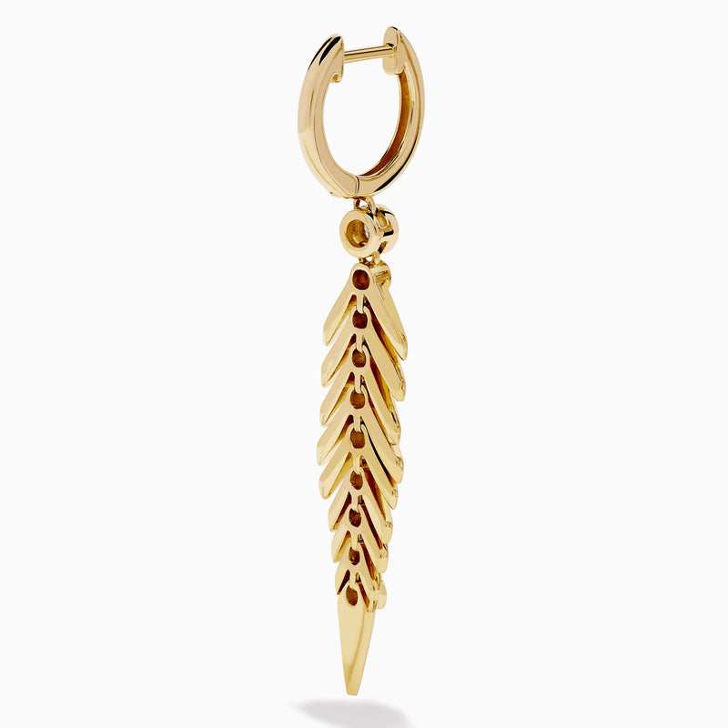 The 14K Yellow Gold Diamond Feather Dangle Earrings feature a leaf-inspired design with sparkling diamonds along the center, shown against a plain white background.