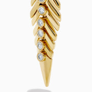 The 14K Yellow Gold Diamond Feather Dangle Earrings feature a leaf-inspired design with sparkling diamonds along the center, shown against a plain white background.