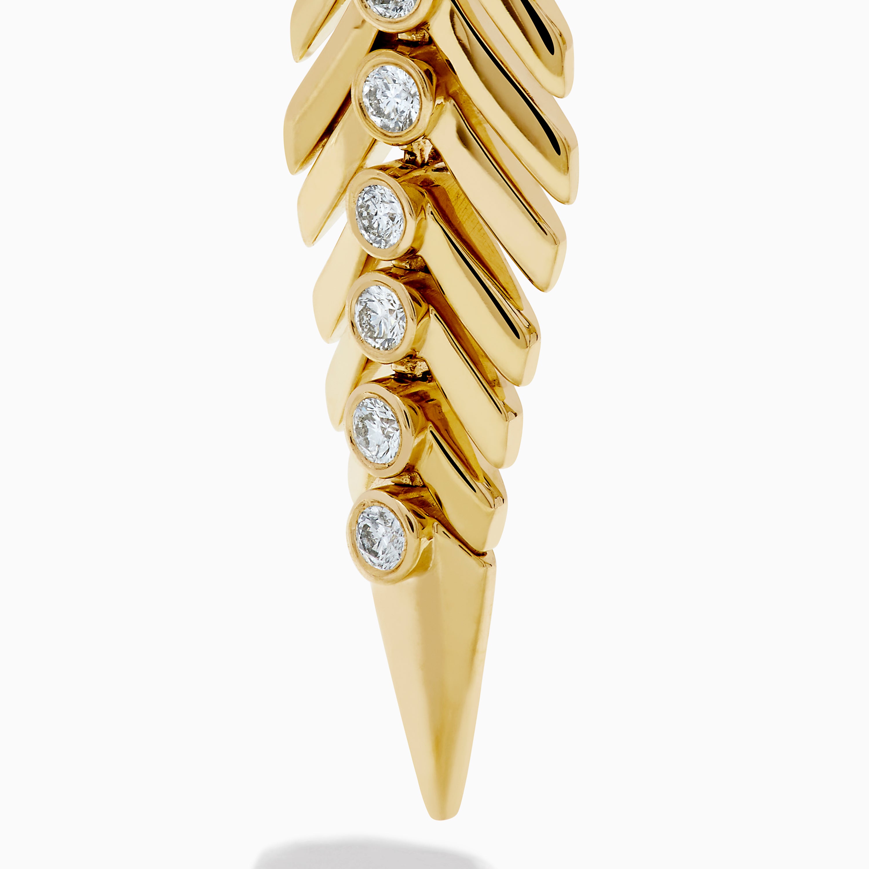 The 14K Yellow Gold Diamond Feather Dangle Earrings feature a leaf-inspired design with sparkling diamonds along the center, shown against a plain white background.