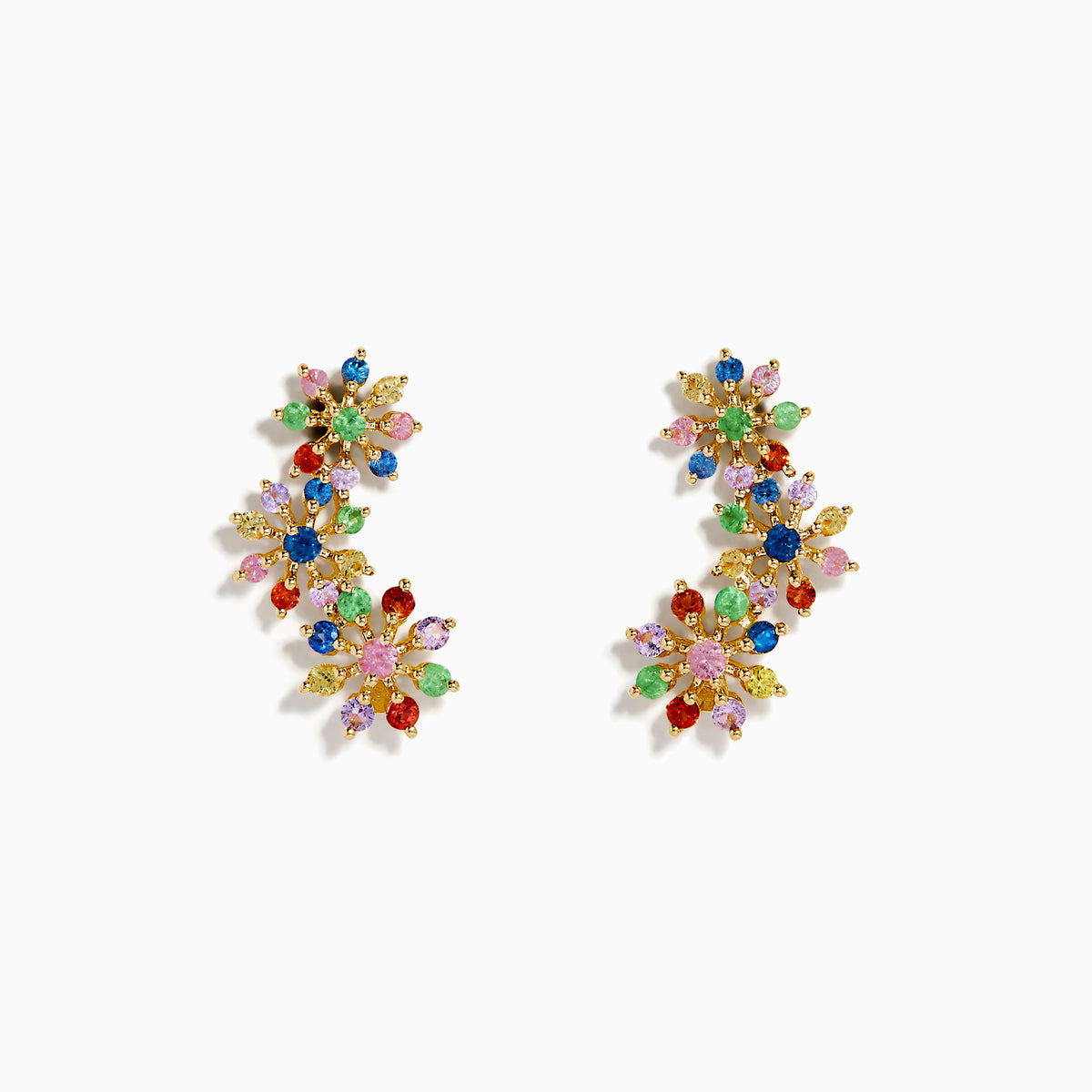 The Watercolors 14K Yellow Gold Multi Sapphire and Tsavorite Floral Ear Climber Stud Earrings feature colorful gemstone clusters in a vibrant floral design, showcased against a white background.