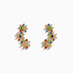The Watercolors 14K Yellow Gold Multi Sapphire and Tsavorite Floral Ear Climber Stud Earrings feature colorful gemstone clusters in a vibrant floral design, showcased against a white background.